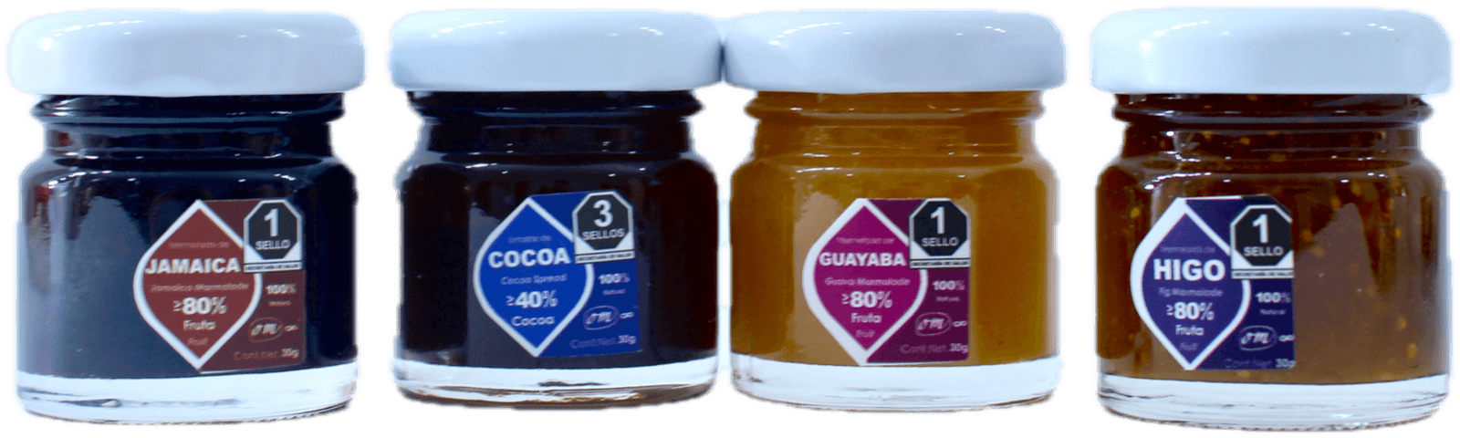 Kit OM8: cuatro mermeladas miniatura de jamaica, cocoa, guayaba e higo