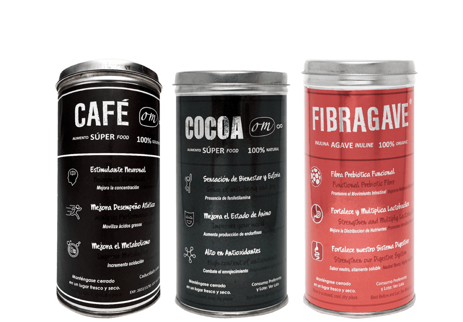 Latas de Café OM8, Cocoa OM8 y Fibragave